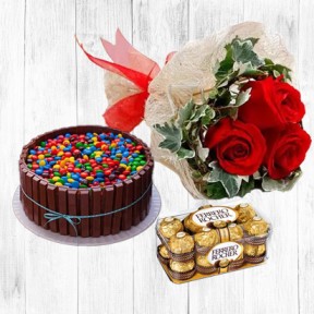MM Kitkat Chocolate Birthday Cake, 3 Roses, 16 Pcs Ferrero Rocher to DUbai, AbuDhabi UAE
