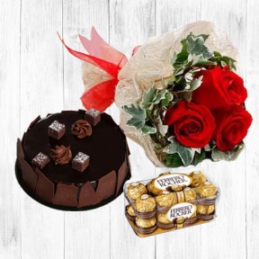 Chocolate Sponge Cake + 3 Red Roses + 16 pcs Ferrero - Order online from Karachi Lahore Islamabad Pakistan to UAE