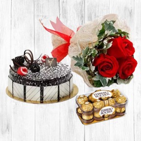 Chocolate Truffle Cake + 3 Red Roses + 16 Ferrero Chocolate to UAE from Pakistan Gifts