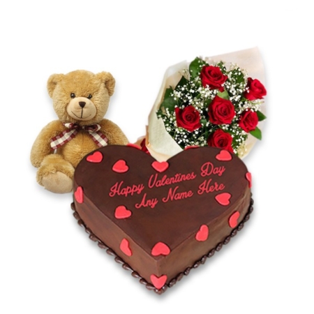 Beautiful 6 Roses Bouquet with Teddy Bear and Delicious Vanilla Chocolate Cake